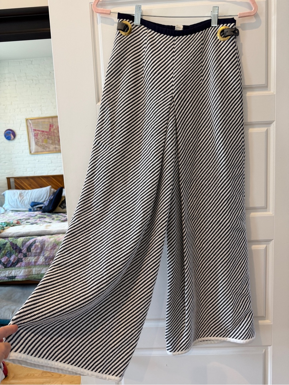 Sakaya Davis Striped High Rise Wide-Leg Pants with Gold Buckle Detail
